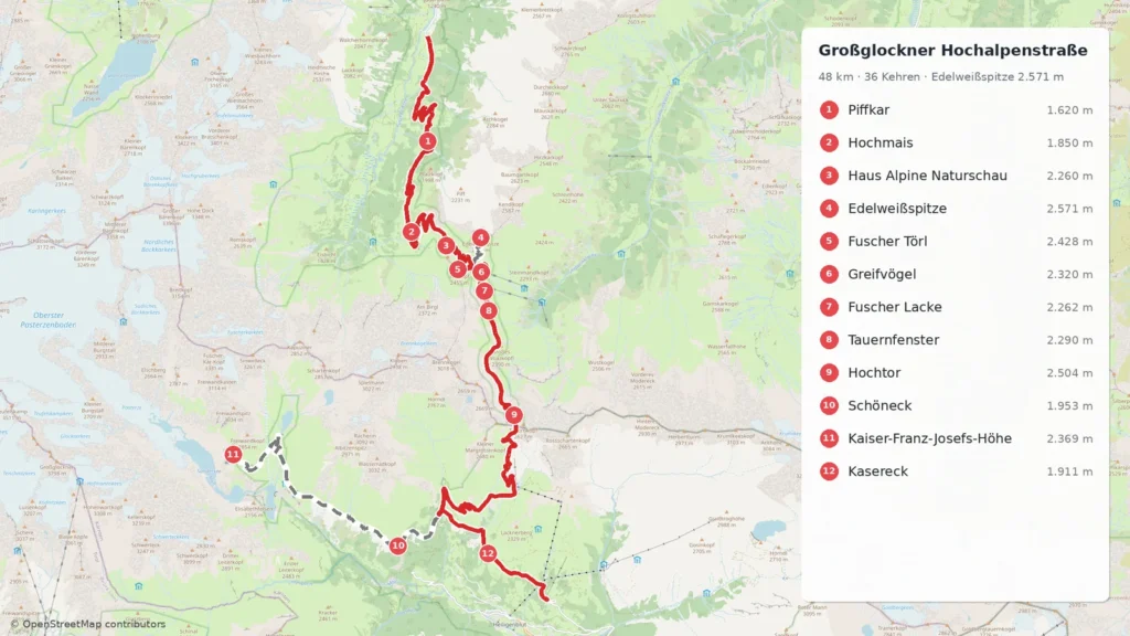 Karte der Route: Großglockner Hochalpenstraße mit dem Motorrad: alle Stationen, Maut und Tipps