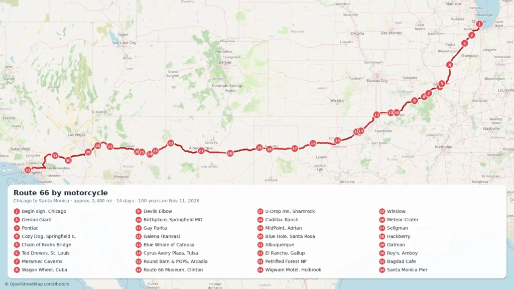 Map of the route: Route 66 by Motorcycle: 14 Days, Map, GPX and Rider Tips