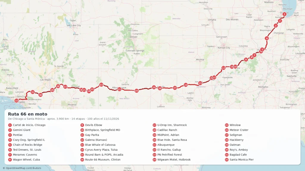 Mapa de la ruta: Ruta 66 en moto: 14 etapas, mapa, GPX y consejos para moteros