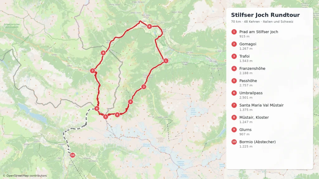 Karte der Route: Stilfser Joch mit dem Motorrad: Rundtour über Umbrail und Val Müstair